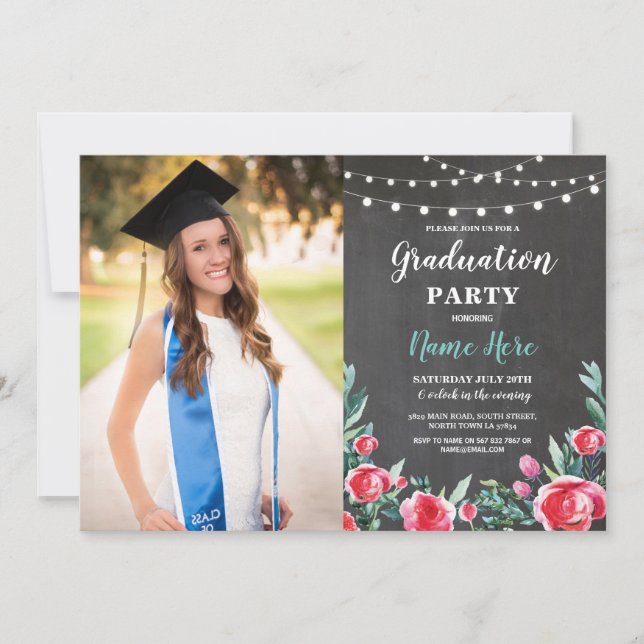 Photo Graduation Party Roses Red Floral Chalk Invitation (Front)