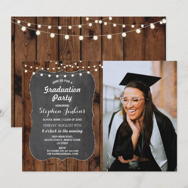Photo Graduation Party Rustic Lights Wood Chalk Invitation (Front/Back)