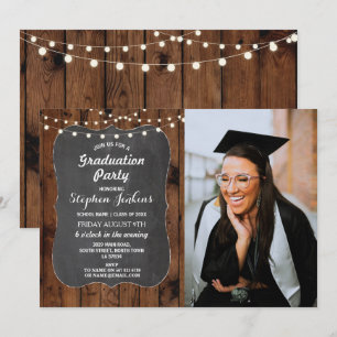 Photo Graduation Party Rustic Lights Wood Chalk Invitation