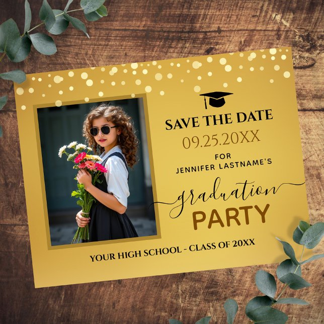 Photo Graduation Party Save the Date Gold Postcard (Creator Uploaded)