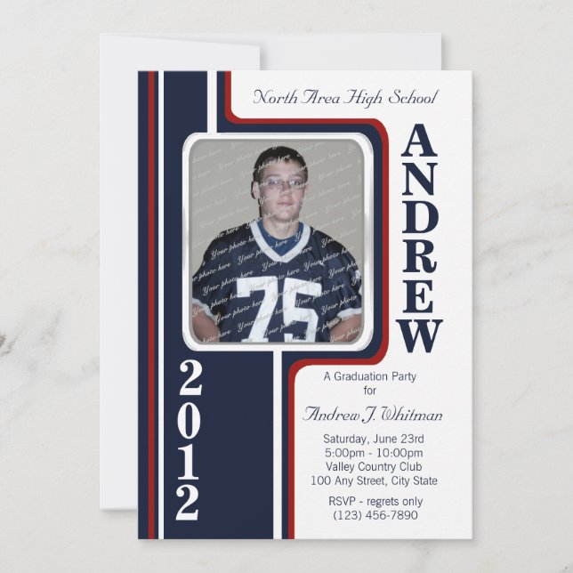 Photo Graduation/ Red and Navy Stripe Invitation (Front)