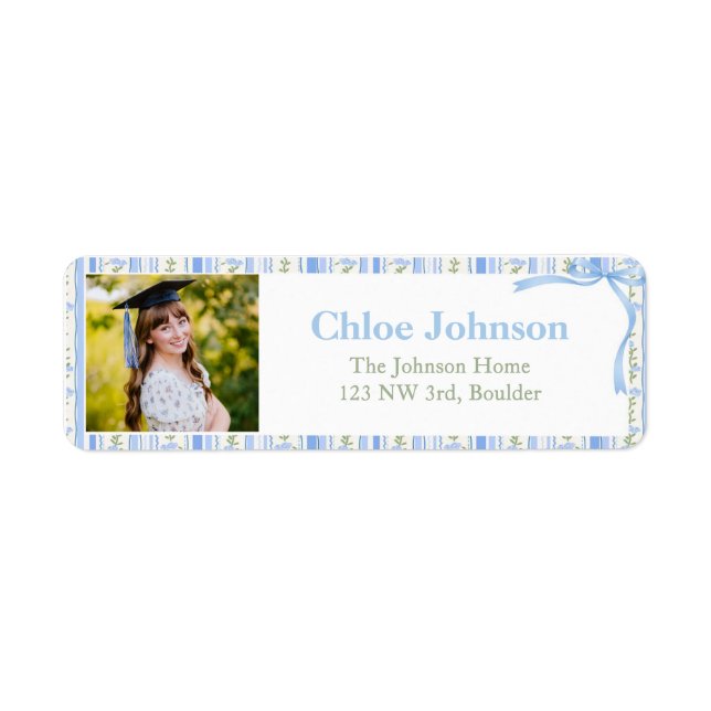 Photo Graduation Return Address Labels Blue Bow (Front)