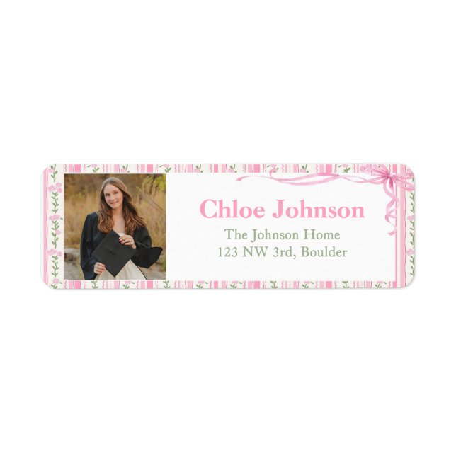 Photo Graduation Return Address Labels Pink Bow (Front)