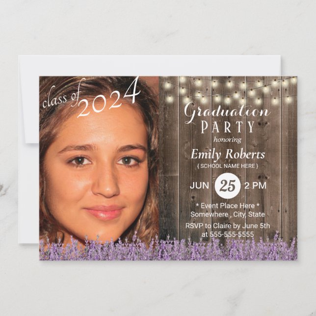 Photo Graduation Rustic Wood Lavender Floral Invitation (Front)