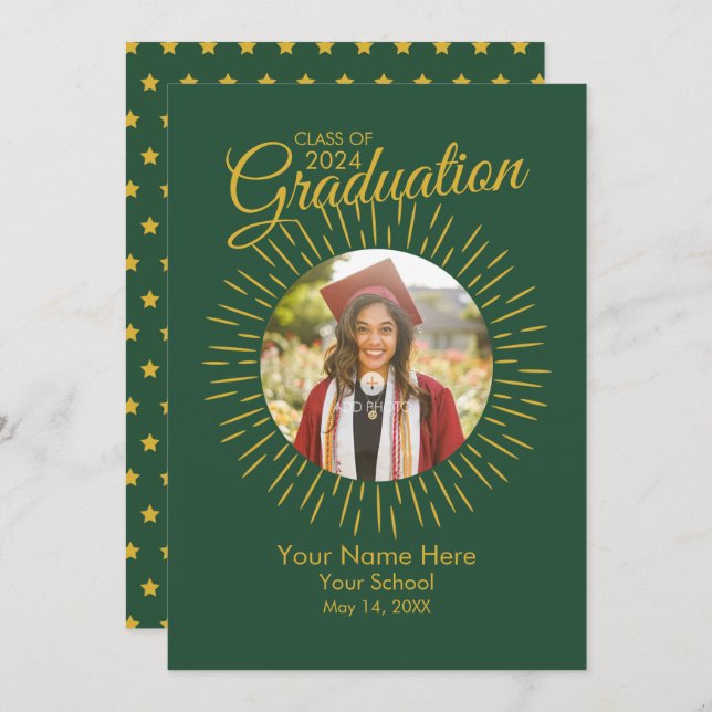 Photo Graduation Star Announcement (Green & Gold) (Front/Back)