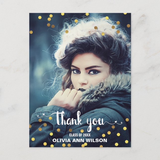 Photo Graduation Thank You Faux Gold Foil Confetti Postcard (Front)