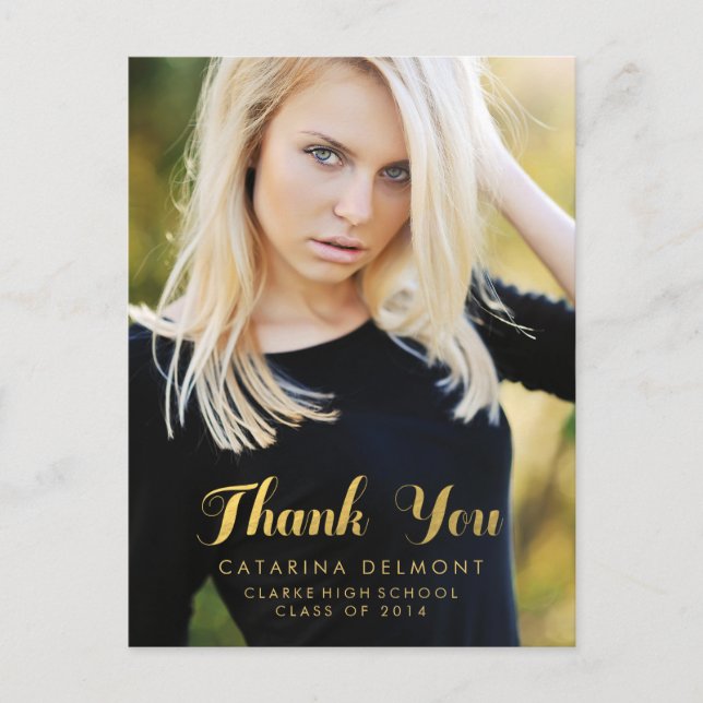 Photo Graduation Thank You Faux Gold Foil Postcard (Front)