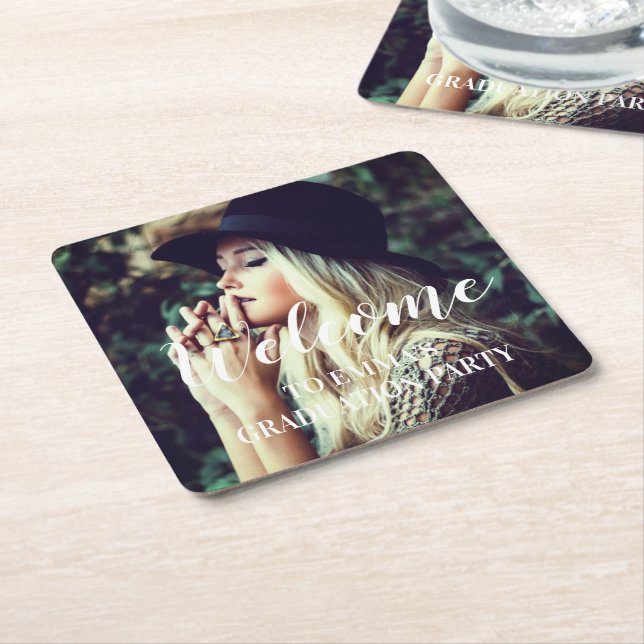 Photo Graduation Typography Party Favour  Square Paper Coaster (Angled)