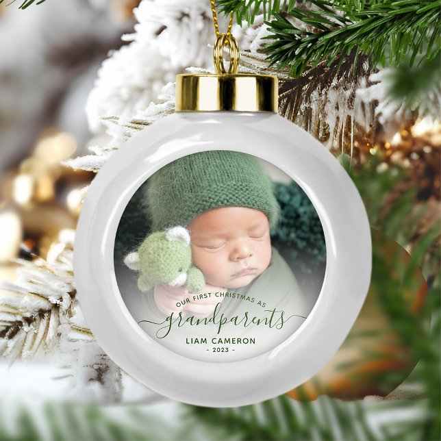 Photo Grandparents First Christmas Green Script Ceramic Ball Christmas Ornament (Creator Uploaded)
