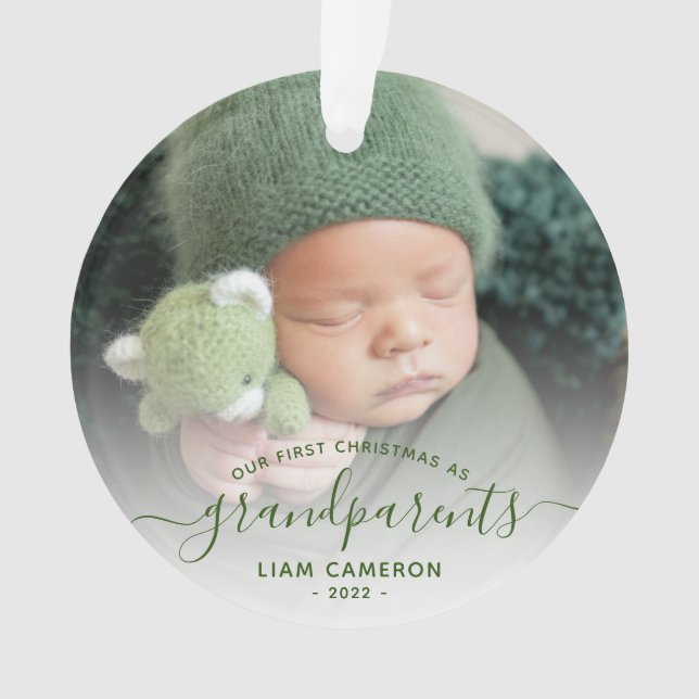Photo Grandparents First Christmas Green Script Ornament (Front)