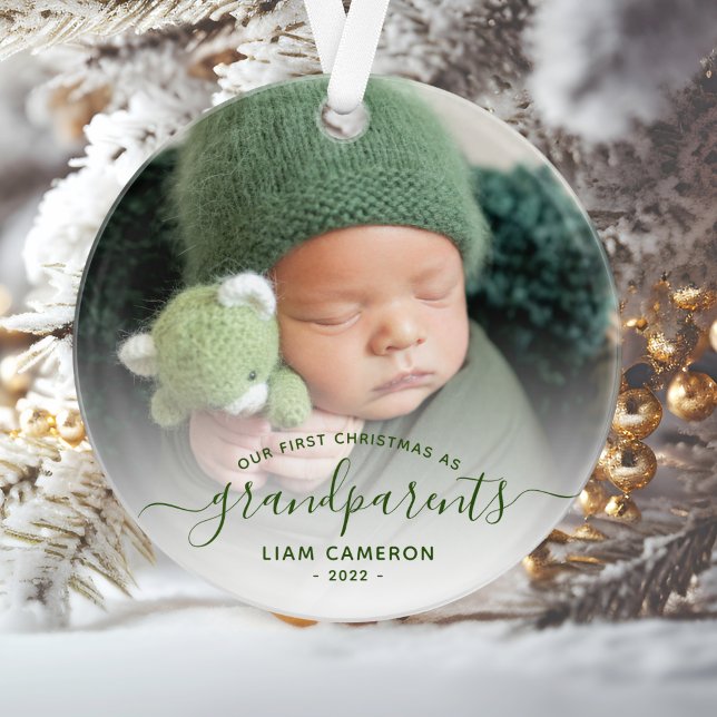 Photo Grandparents First Christmas Green Script Ornament (Creator Uploaded)
