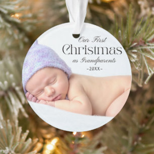 Photo Grandparents First Christmas White Script Ornament