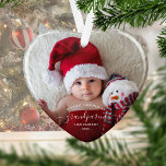 Photo Grandparents First Christmas White Script Ornament<br><div class="desc">Help them celebrate their first grandchild with this beautiful modern keepsake ornament. The white text reads "Our first Christmas as grandparents, " with the word "grandparents" in elegant handwriting script with flourishes before and after. Easily replace the sample image with your favourite photo of the new baby, and add his...</div>