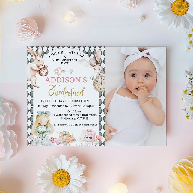 Photo Gray Alice in Onederland 1st Birthday Invitation (Alice In Onederland 1st Birthday Invitation Template, Whimsical Alice In Onederland 1st Birthday )