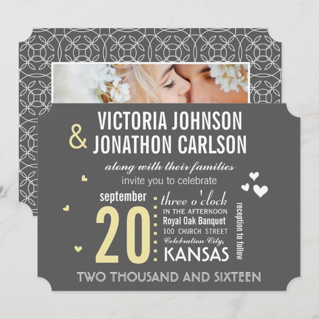 Photo Gray and Yellow Modern Typography Wedding Invitation (Front/Back)