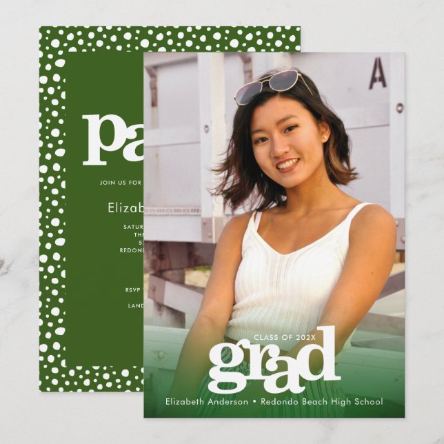 Photo green bold modern grad party simple elegant invitation (Front/Back)