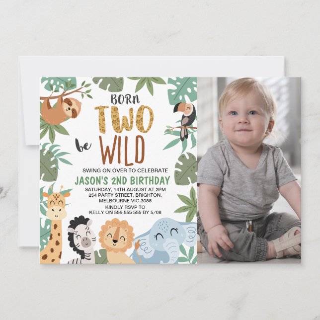 Photo Green Brown Born Two Be Wild 2nd Birthday Invitation (Front)