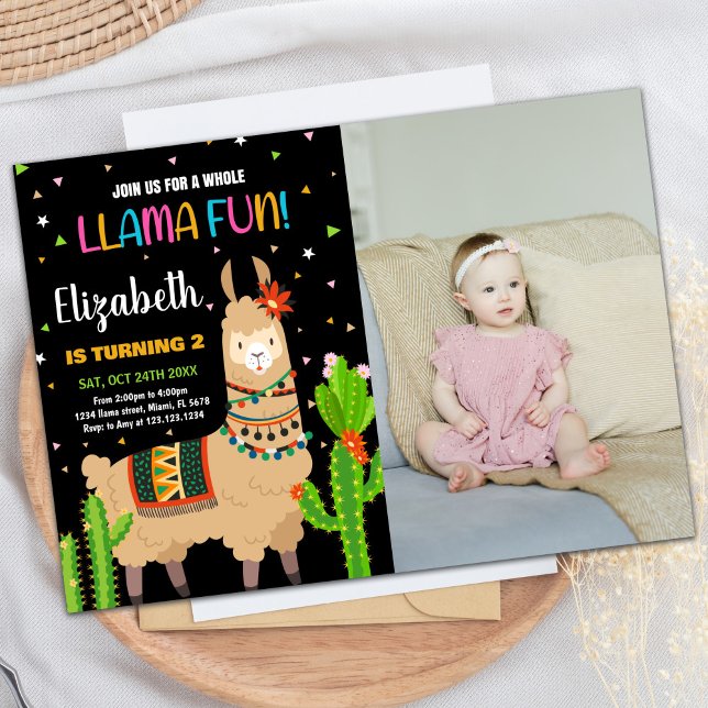 Photo Green Brown Llama Fun Llama Birthday Invitation (Photo Green Brown Llama Fun Llama Birthday Invitation)