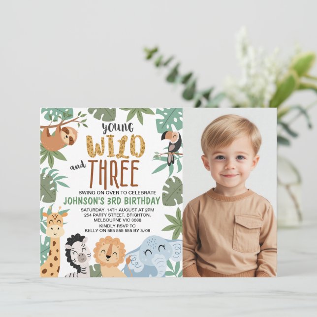 Photo Green Brown Young Wild Three 3rd Birthday Invitation (Standing Front)