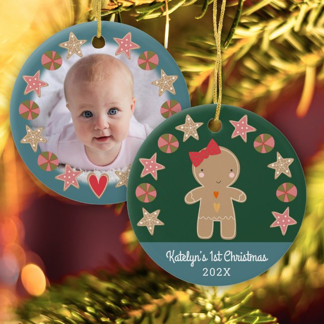 Photo Green First Christmas Gingerbread Baby Girl Ceramic Tree Decoration (Creator Uploaded)