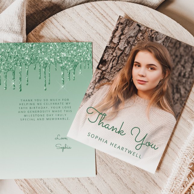 Photo Green Glitter Drip Birthday Thank You Card (Creator Uploaded)