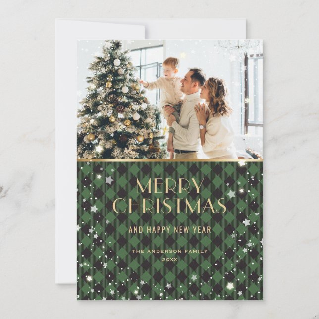 Photo Green Gold Buffalo Plaid Snowy Holiday Card (Front)
