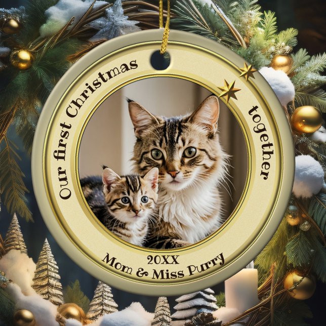 Photo Green Gold First Christmas Together Cat  Ceramic Tree Decoration (Elegant ornament featuring your custom photo framed by a pastel green gold design with stars)