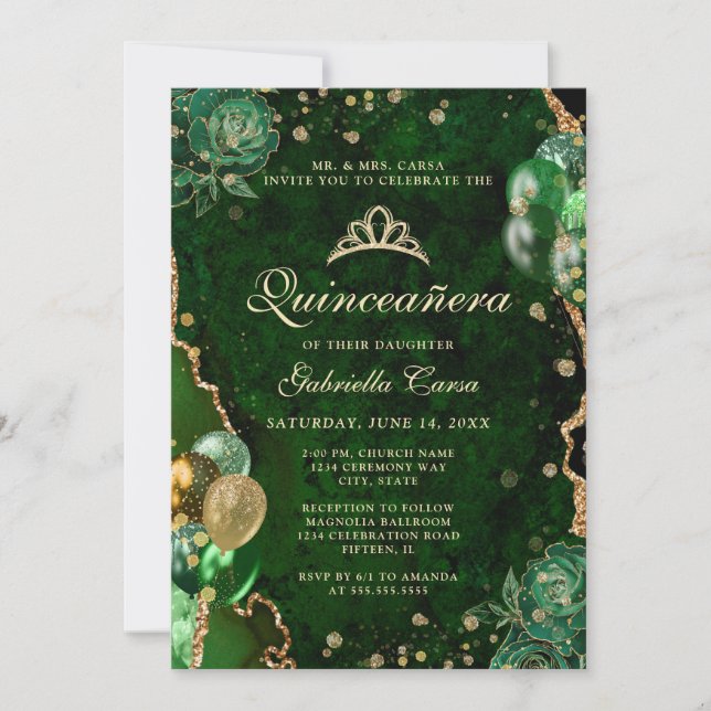 Photo Green Gold Floral Agate Quinceanera  Invitation (Front)