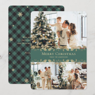 Photo Green Gold Holly Plaid Merry Christmas Card