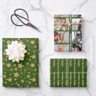Photo Green Gold Star Pattern Vintage Christmas Wrapping Paper Sheet