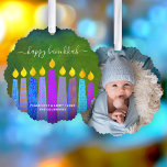 Photo Green Hanukkah Menorah Candles Modern Boho Tree Decoration Card<br><div class="desc">“Happy Hanukkah.” A playful, modern, artsy illustration of boho pattern candles and handwritten calligraphy script help you usher in the holiday of Hanukkah in style. Assorted blue boho candles with colourful faux foil patterns overlay a rich, green textured background on the front. Your favourite photo adorns the back. Feel the...</div>