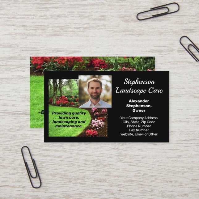Photo Green Landscape Lawn Care Business Business Card (Front/Back In Situ)