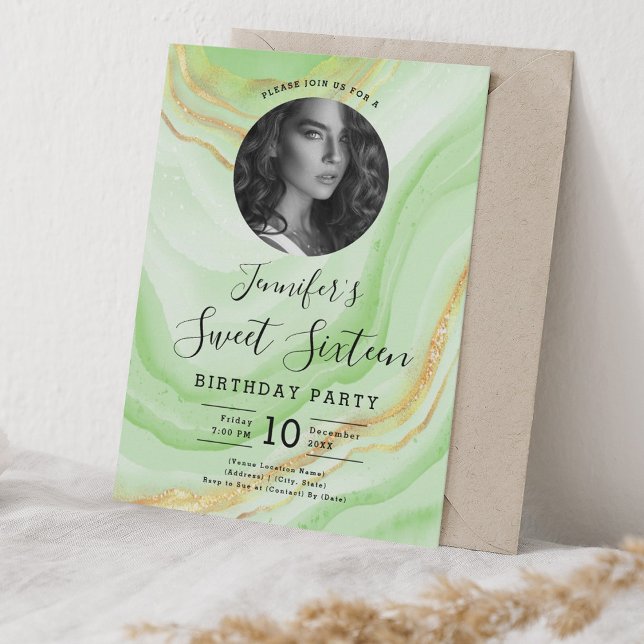 PHOTO Green Marble Glitter Sweet 16 Party Invitation (PHOTO Green Marble Glitter Sweet 16 Party Invitation)
