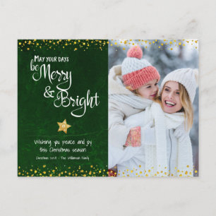 Photo Green Merry Bright Script Gold Star Glitter Holiday Postcard