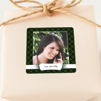 Photo Green Plaid Christmas Gift Tag Stickers
