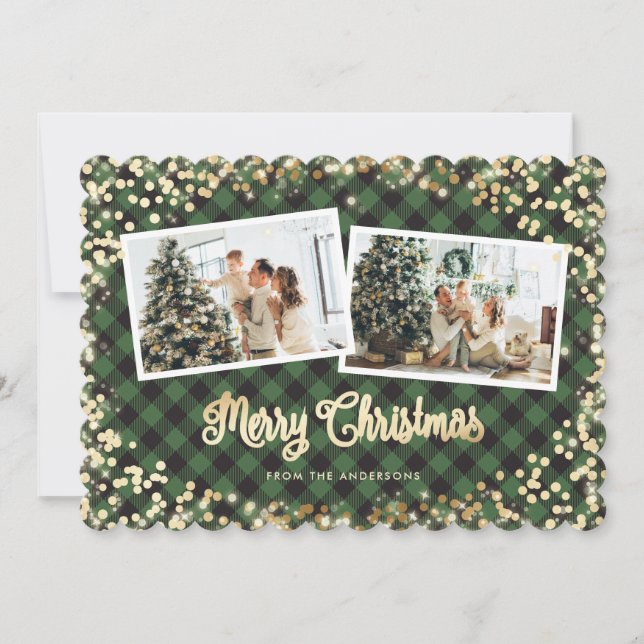 Photo Green Plaid Gold Snow Merry Christmas Holiday Card (Front)