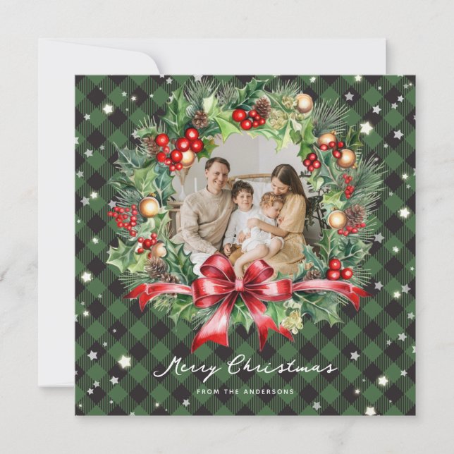 Photo Green Plaid Wreath Stars Merry Christmas Holiday Card (Front)