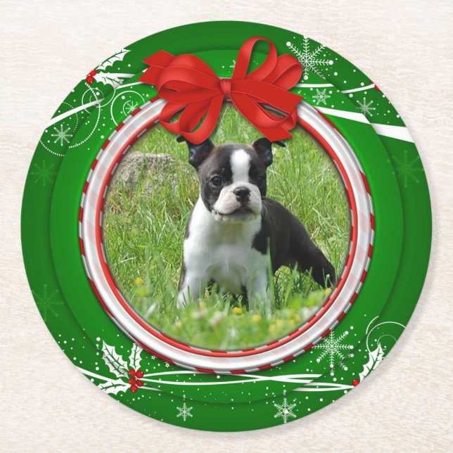 Photo Green Red Holly Berries Ribbon Paper Coaster (Front)