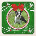 Photo Green Red Holly Berries Ribbon Paper Coaster