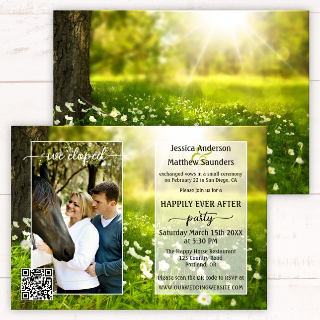 Photo Green Spring Script Country Post Wedding Invitation (Happily ever after wedding invitation with your photo framed on a spring meadow with flowers - QR)