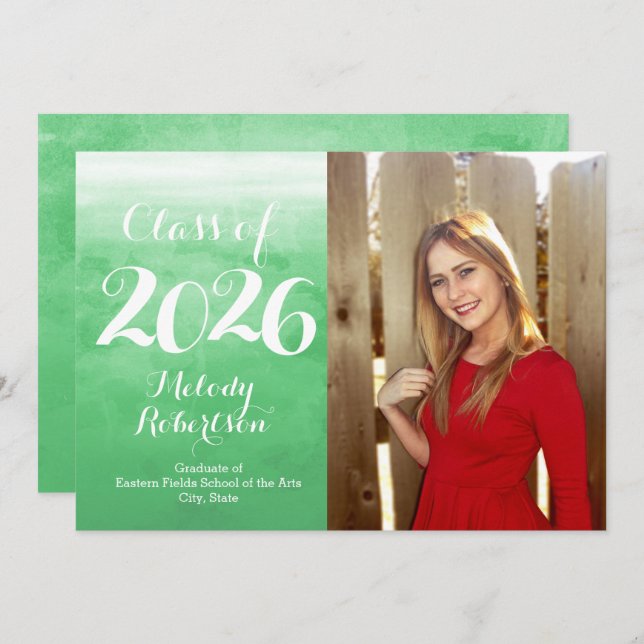 Photo Green Watercolor Class of 2019 Graduation Invitation (Front/Back)