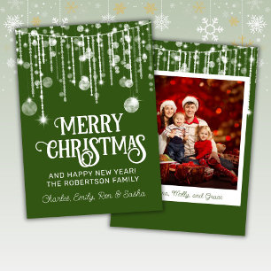 Photo Green White String Lights Christmas Card