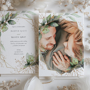 Photo Greenery and Faux Gold Wedding Invitation