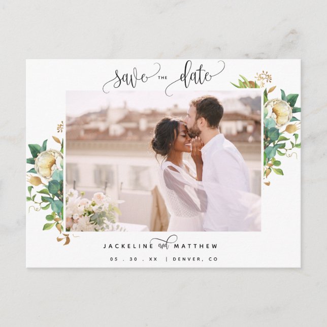  Photo, Greenery and White, Wedding Save the Date Postcard (Front)