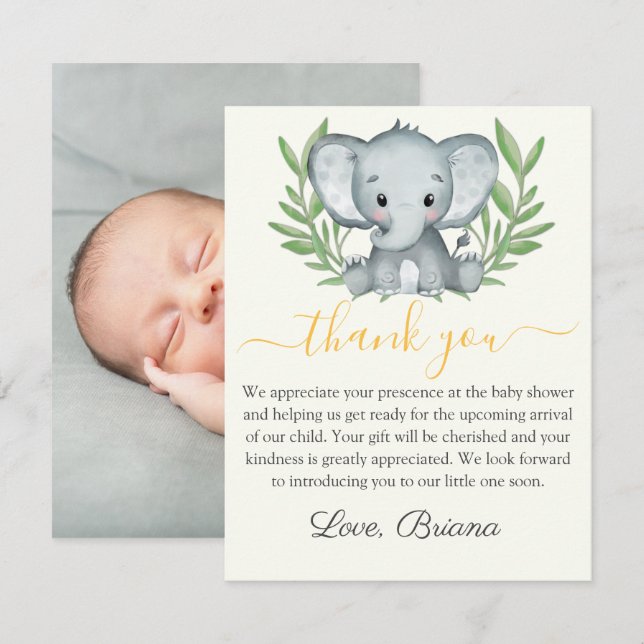 Photo Greenery Elephant Neutral Baby Shower Invitation (Front/Back)