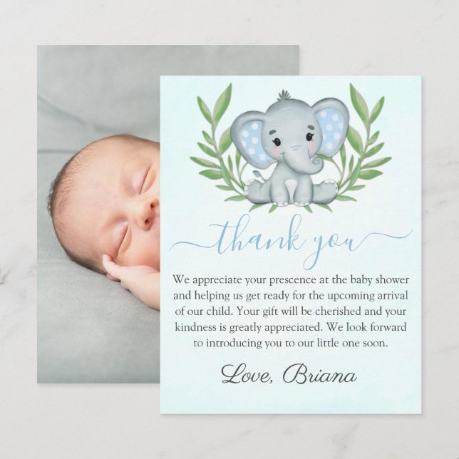 Photo Greenery Elephant Photo Boy Baby Shower Invi Invitation (Front/Back)
