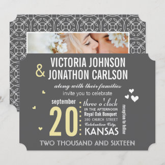 Photo Grey and Yellow Modern Typography Wedding Invitation