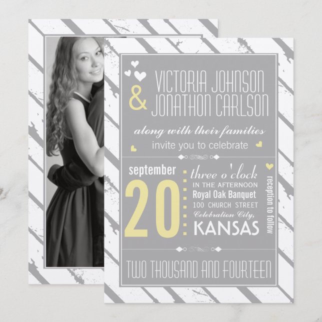 Photo Grey and Yellow Modern Typography Wedding Invitation (Front/Back)