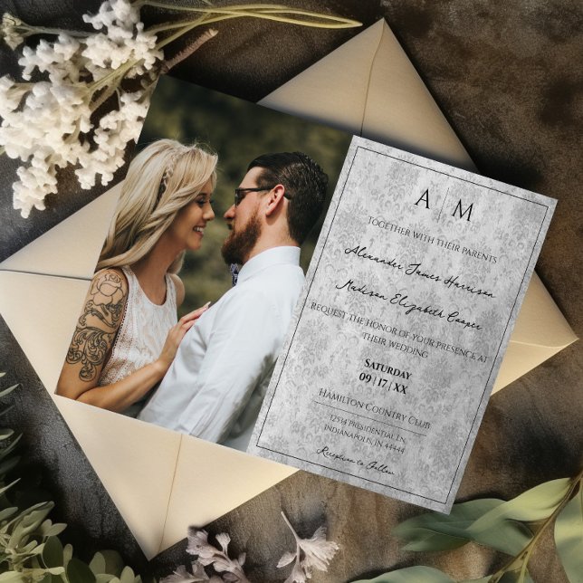Photo Grey Damask Monogram Wedding Invitation (Gray Photo Damask Monogram Wedding Invitation)
