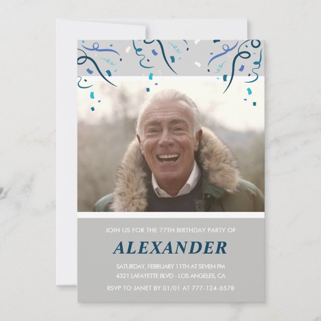 Photo Grey for him Confetti 77th birthday Invitation (Front)